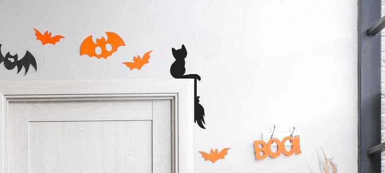 Halloween Decorative Holiday Door Trim Corners - Monsters, Witch, Mummy, Ghosts, Skeleton and more / Cat and Broom42