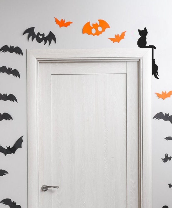 Halloween Decorative Holiday Door Trim Corners - Monsters, Witch, Mummy, Ghosts, Skeleton and more / Cat and Broom42