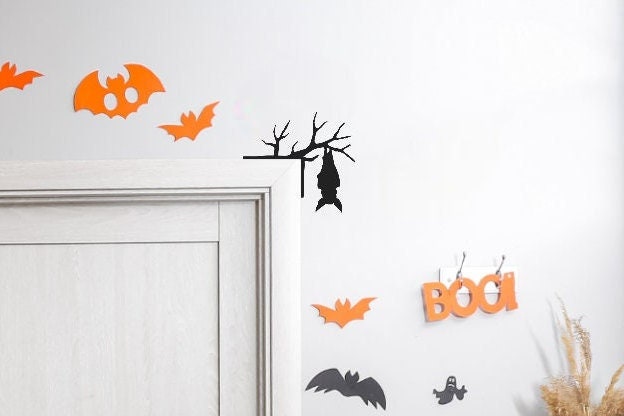 Halloween Decorative Holiday Door Trim Corners - Monsters, Witch, Mummy, Ghosts, Skeleton and more / Bat hanging from tree23